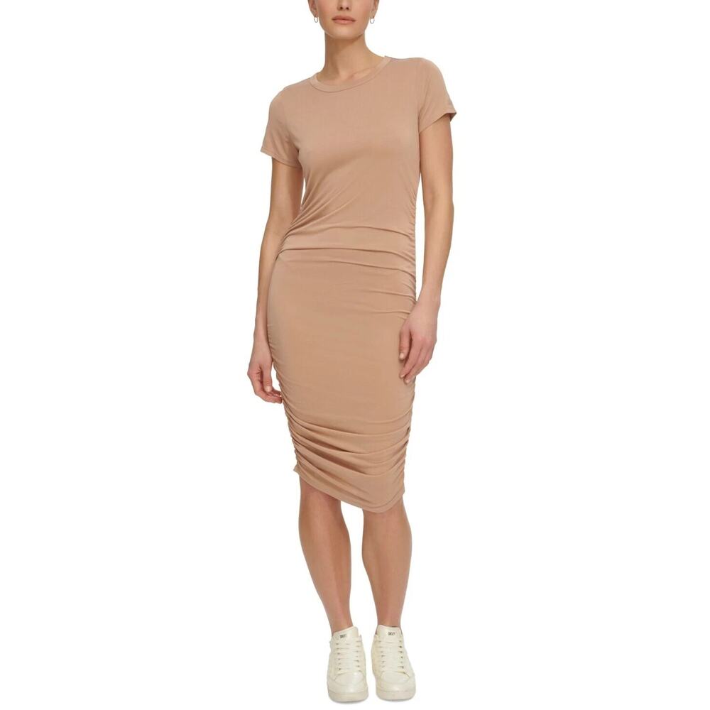 DKNY Sport Ruched Short-Sleeve Dress Womens Small Beige Crewneck Pullover Style